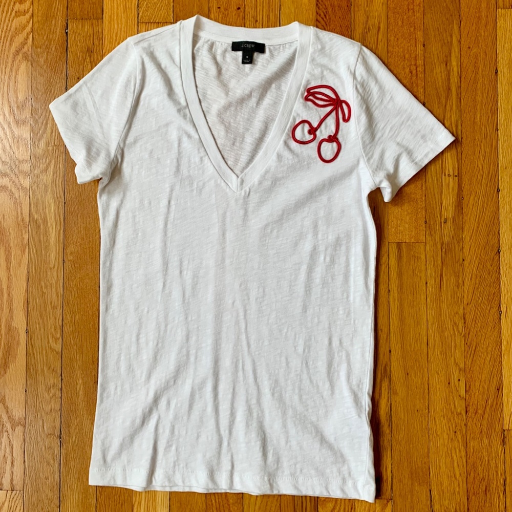J Crew Cherry Short Sleeve White V Neck Tee